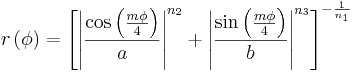 
r\left(\phi\right) = \left[ \left| \frac{\cos\left(\frac{m\phi}{4}\right)}{a} \right| ^{n_{2}} + \left| \frac{\sin\left(\frac{m\phi}{4}\right)}{b} \right| ^{n_{3}} \right] ^{-\frac{1}{n_{1}}}
